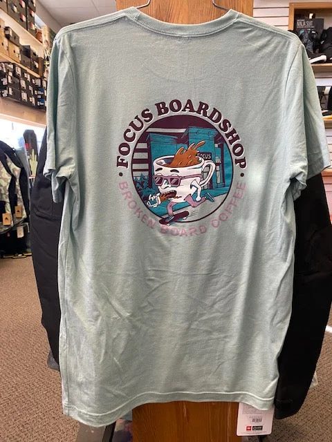 Focus Boardshop and Broken Board Coffee Collaboration Short Sleeve T-Shirt Faux Fur Fabric Real Fur Fabric Shearling Fabric