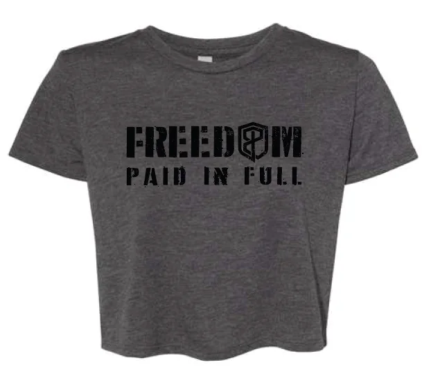 Freedom Paid in Full Crop Tee (Dark Heather Grey) Mesh Blend Leather Blend Suede Blend
