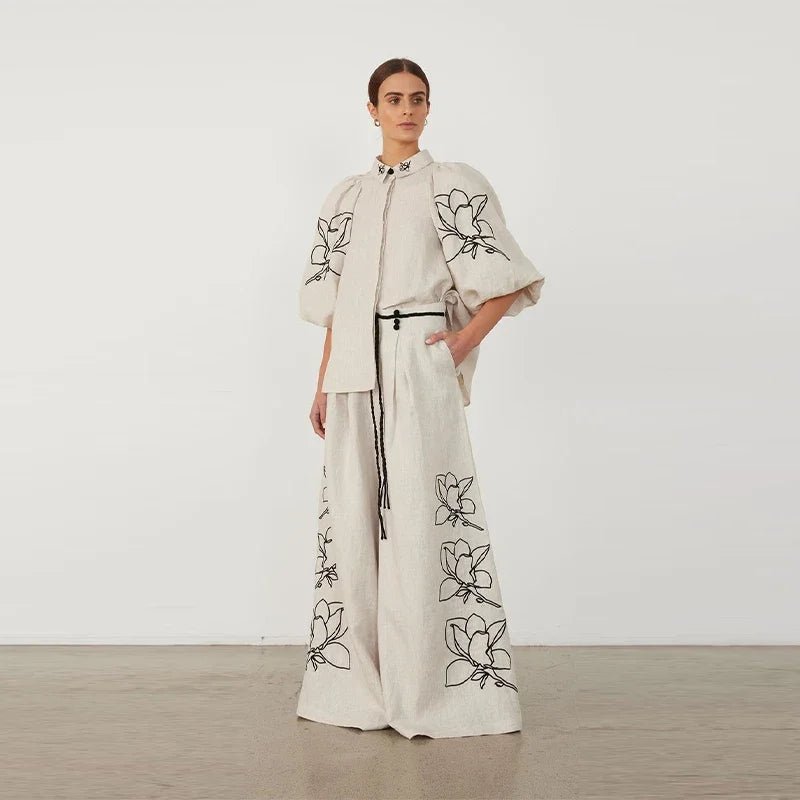 High Waist Wide-Leg Casual Lady Suit Embroidery Print Cotton Linen Women's Lantern Sleeve Lapel Shirt for Spring 2024 Rayon Fabric Velvet Fabric Corduroy Fabric