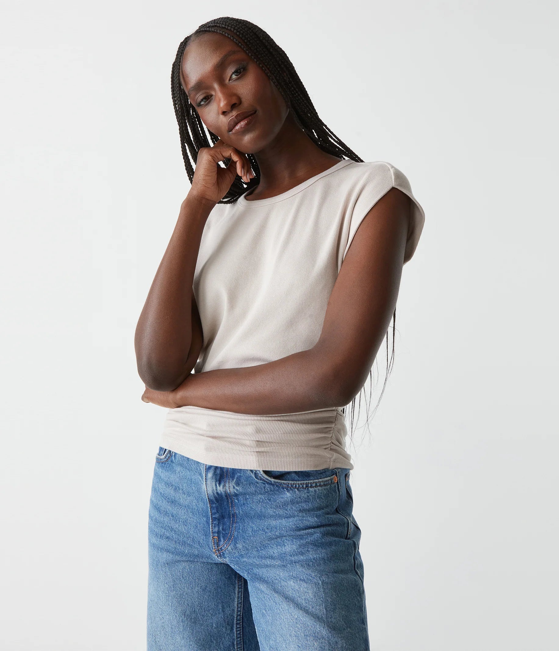 Joni Power Shoulder Tee Rayon Velvet Corduroy