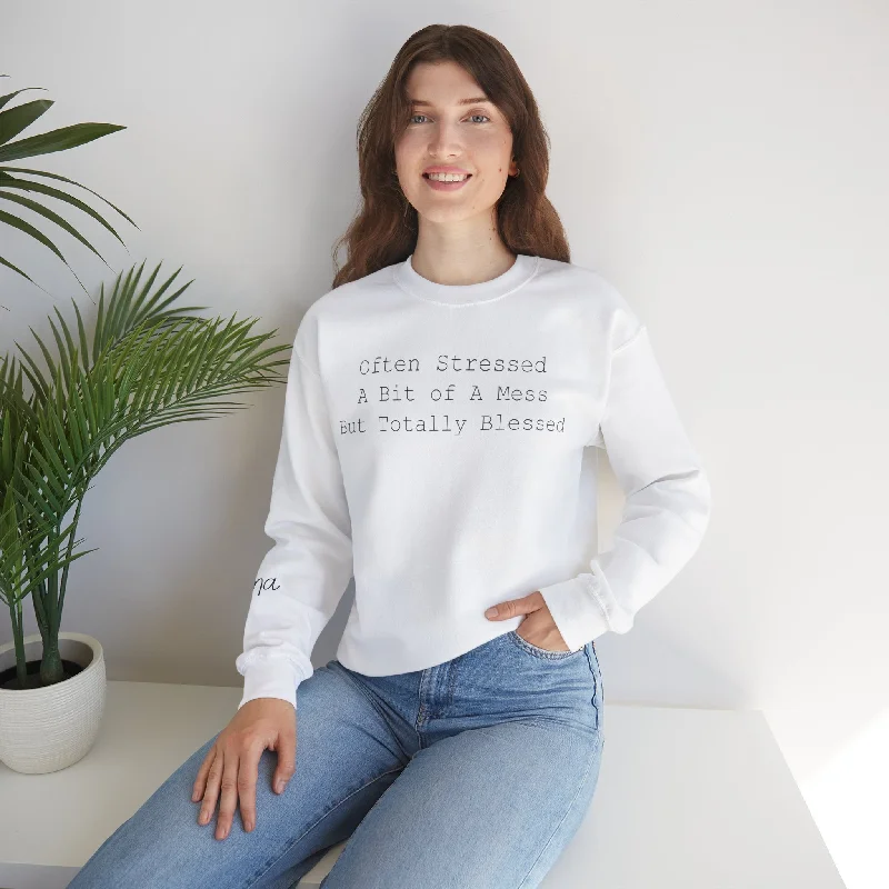 Often Stressed, A Bit of A Mess, But Totally Blessed Mama Sweatshirt Houndstooth Herringbone Solid