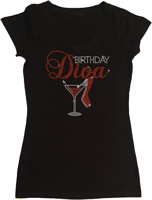 Women's Rhinestone Fitted Tight Snug Shirt Birthday Diva Heel and Martini Houndstooth Herringbone Solid