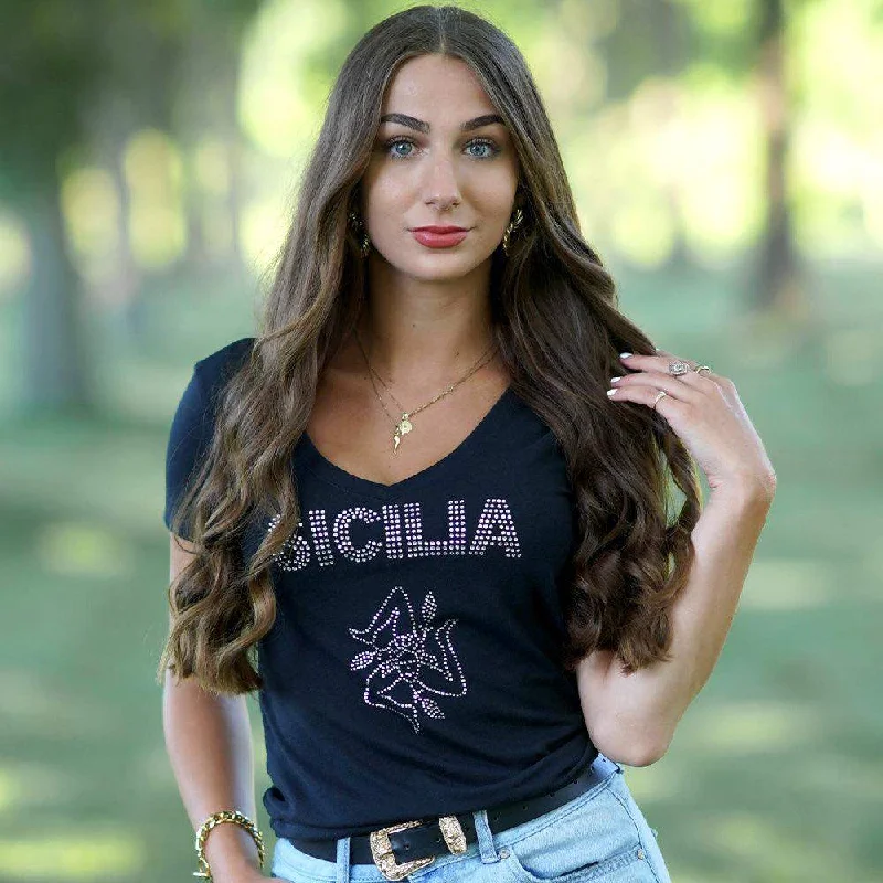 Sicilia Rhinestone Womens V-Neck Tee Jersey Fabric Tulle Fabric Batik Fabric