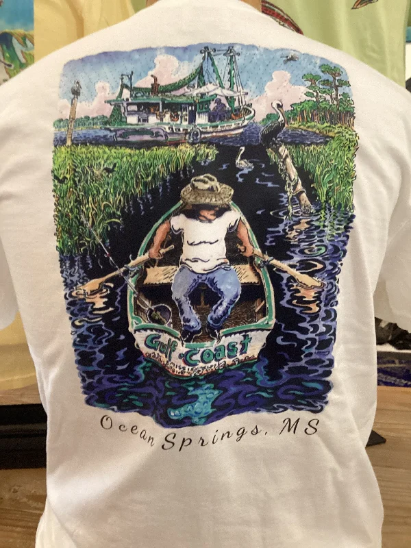 Stig Man in Gulf Coast Rowboat White Tee Chenille Fabric Brocade Fabric Lace Fabric