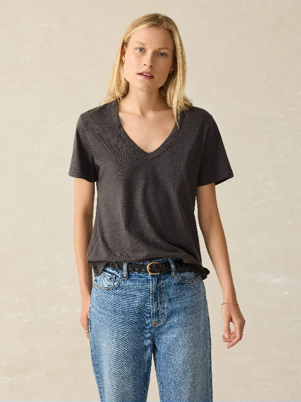 Sunwashed V-Neck Tee - Washed Black Graphic T-Shirt Round Neck Polyester