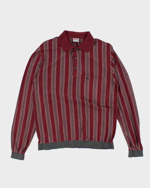 Vintage 90's Borg Striped Long-sleeve Polo Shirt - M Thin T-Shirt Open Front Quick Dry