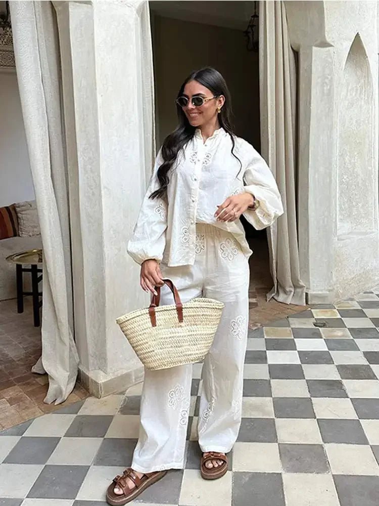 White Flower Print Hollow Out Pants 2 Piece Sets | Women's Fashion Long Sleeve Lapel Button Shirt Suits | 2024 Casual Loose Streetwear Terry Blend Velvet Blend Canvas Blend