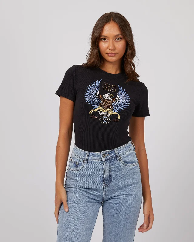Wing Power Baby Tee Washed Black Print Jacquard Patchwork