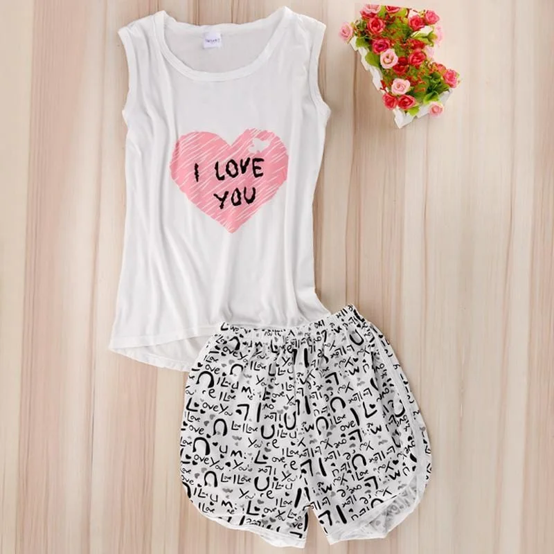 Women Sexy Lingerie cute cartoon Pyjamas Sleepwear Shirts+Shorts Underwear Nightwear Set Women Pyjamas Sleeveless Pajamas Set Front Pockets Side Pockets Patch Pockets