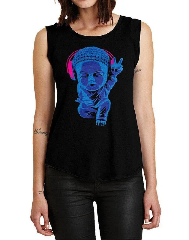 Women's Little Buddha Black Cap-Sleeve Tee Cozy Warm Stylish