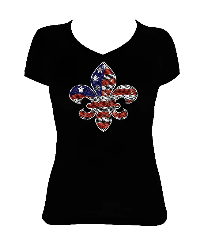 Women's Rhinestone Fitted Tight Snug 4th of July - Fleur de Lis in Red, White & Blue, Patriotic Shirt, 4th of July Shirt