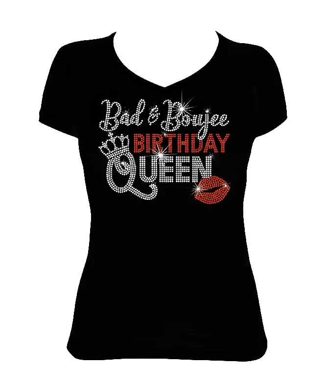 Women's Rhinestone Fitted Tight Snug Bad and Boujee Birthday Queen - Rhinestone Birthday Shirt