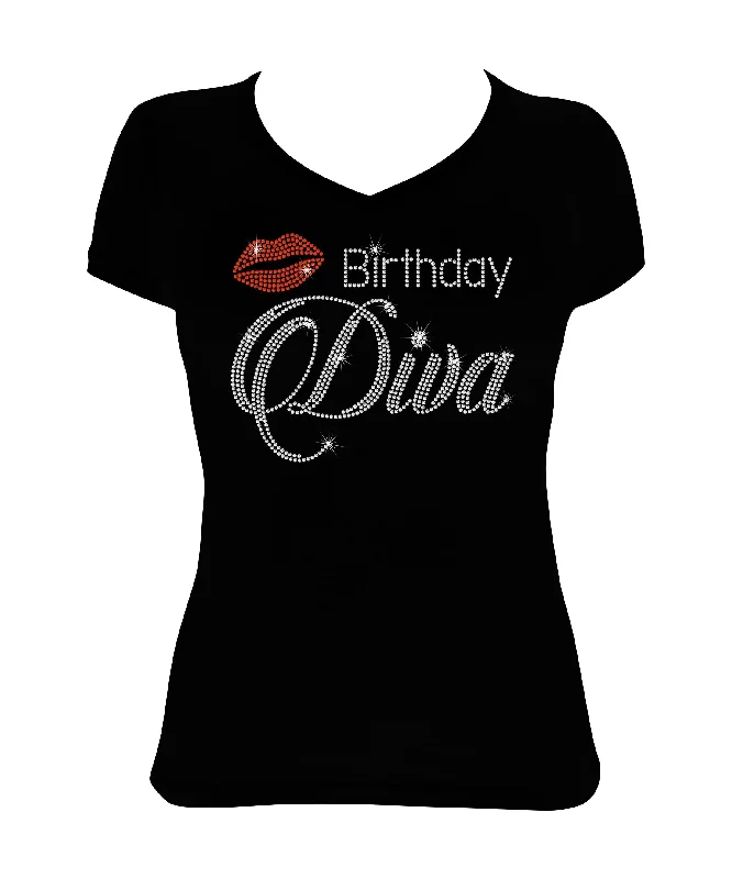 Women's Rhinestone Fitted Tight Snug Birthday Diva with Red Lips - Rhinestone Birthday Shirt