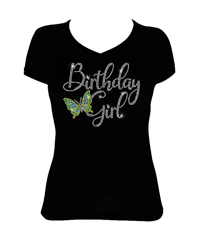 Women's Rhinestone Fitted Tight Snug Birthday Girl with Butterfly - Rhinestone Birthday Shirt