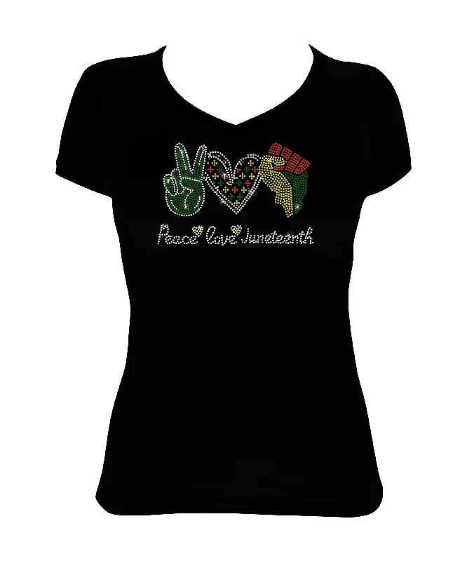 Women's Rhinestone Fitted Tight Snug Peace Love Juneteenth - Peace Sign, Heart, Fist, Juneteenth Shirt