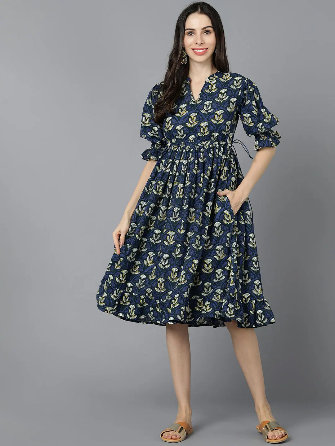 Ahika Women Navy Blue Cotton Printed Dresses