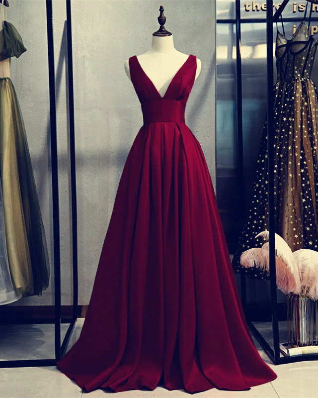 V Neck Prom Dresses Satin Floor Length