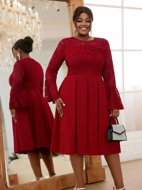 AOMEIDRESS Lace Patchwork A-Line Dress O Neck Bowite Flare Sleeves