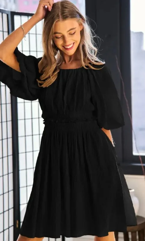 Black Puff Sleeve Back Button Dress