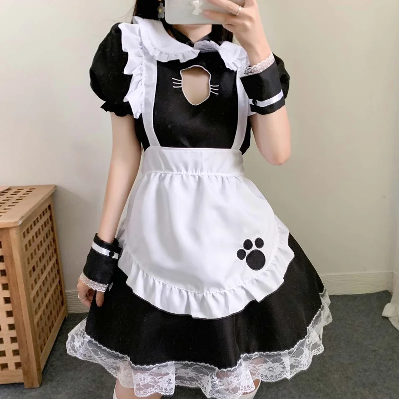 Black Puff Sleeve Ruffles One Piece Dress With Apron And Headpieces