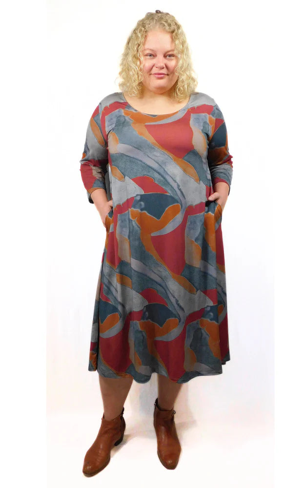 Brenda Laine Viscose Print 3/4 Sleeve Long Tunic Dress w Pockets - Fall Print