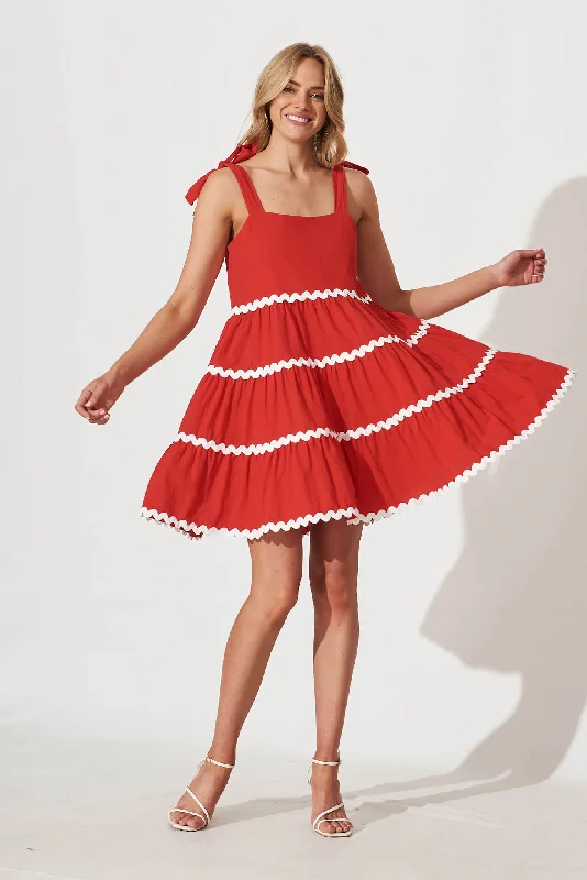 Claus Dress In Red With White Ric Rac Trim Cotton