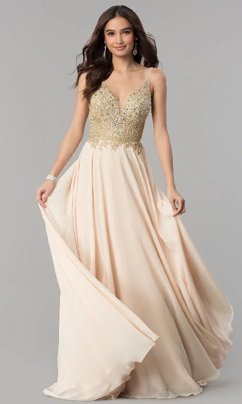 Long A-Line Chiffon Prom Dress with Beaded Bodice