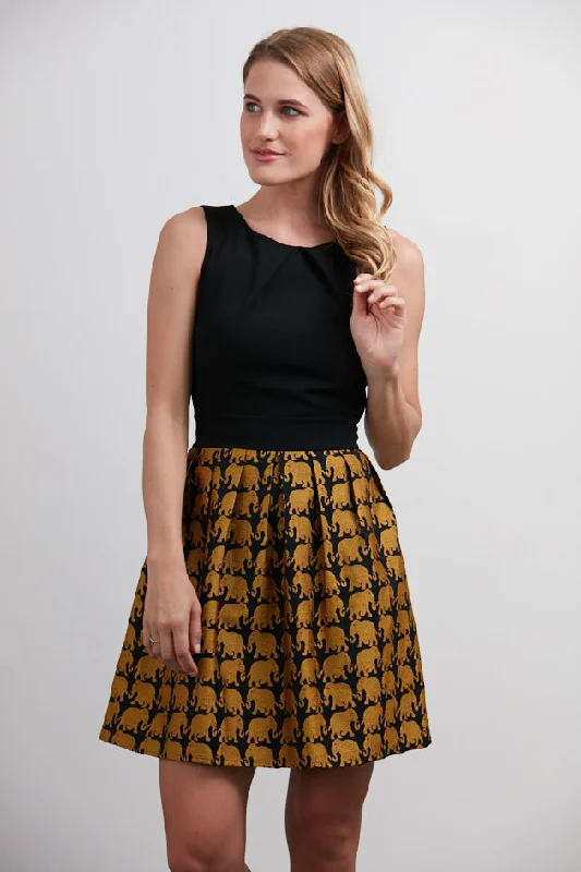 Golden Elephant Print Black Dress
