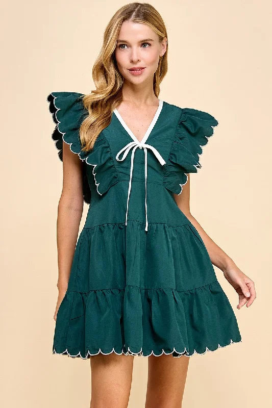 Green V-Neck Poplin Dress
