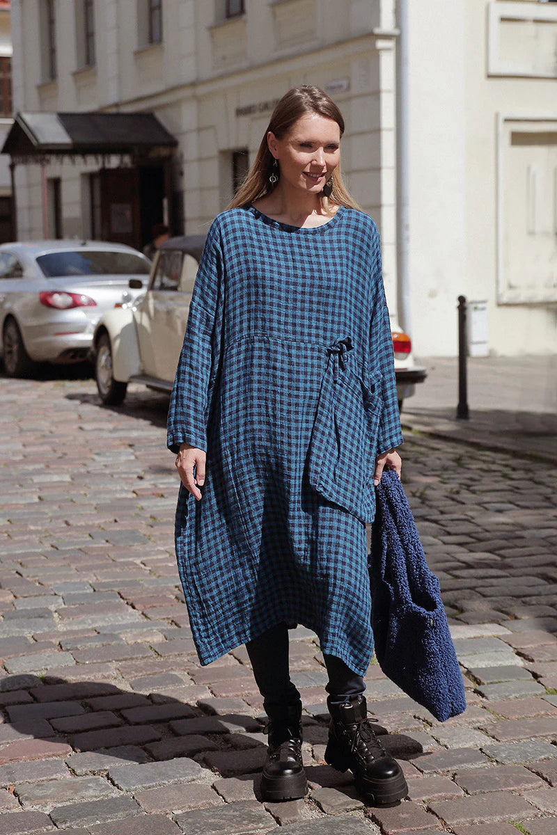 Grizas Blue Check Linen Dress 91793