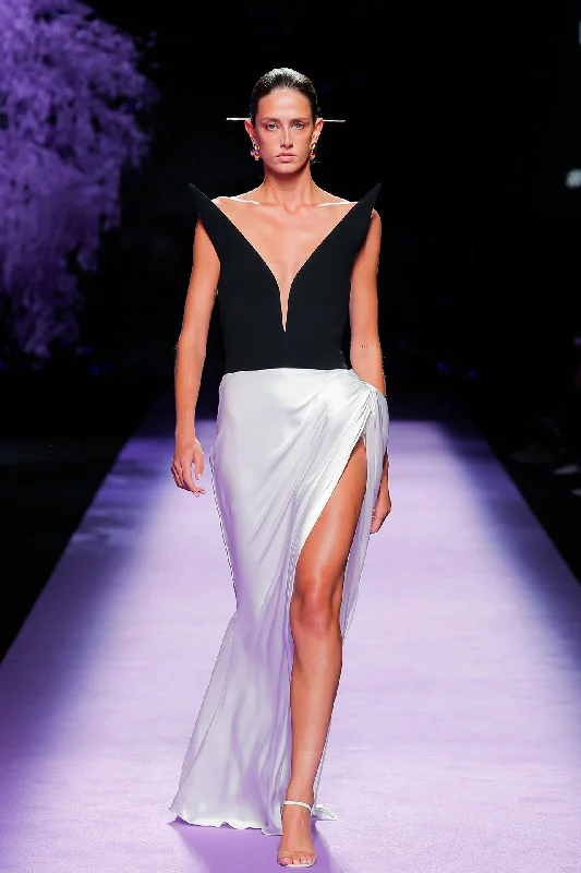 High slit satin and crepe dress