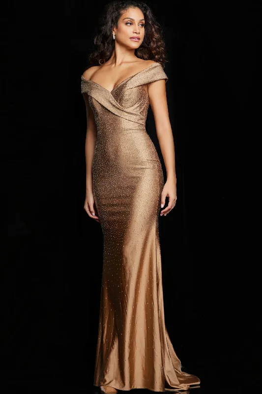 Copper Embellished Fitted Evening Dress