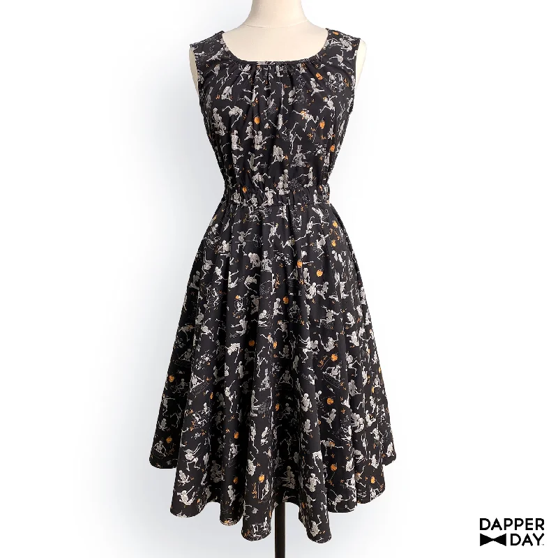 'Kyōsai Skeletons' Cotton Popover Dress (Black) - Final Sale