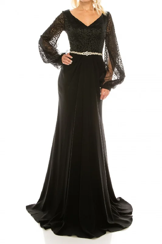 Odrella - Embroidered V-neck Long Trumpet Dress 7Y1090BSC