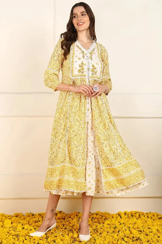 Off White and Yellow Cotton Ethnic Motifs Fit and Flare Ethnic Style Dress With Shrug JPD1006WHT