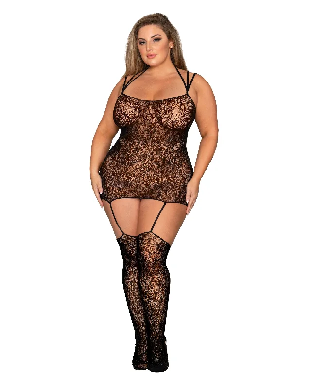 Dreamgirl Plus Size Knitted Lace Garter Dress with Criss-Cross Detail