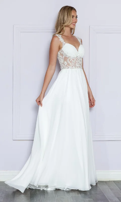 Sheer-Lace Bodice Long White Formal Dress 9376