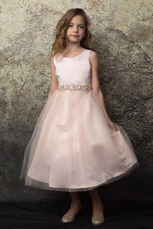 Satin and Tulle skirt Blush Flower Girl Dress with Rhinestone Belt