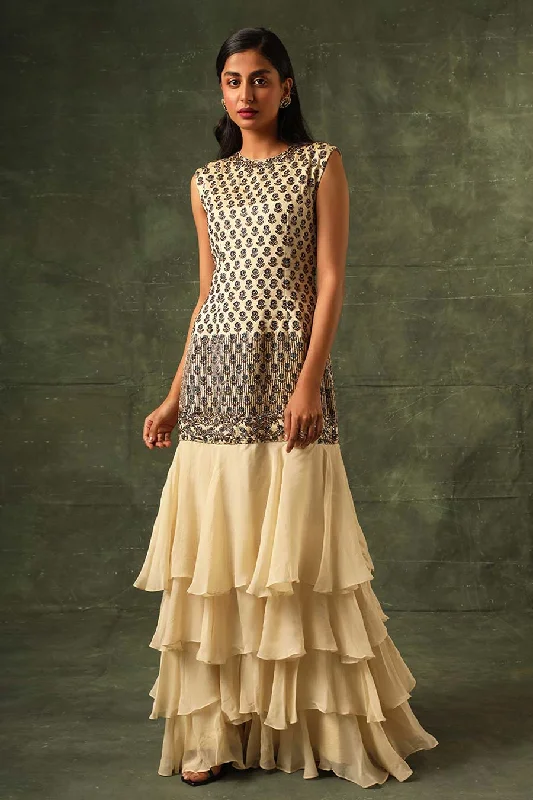 Beige Ajrakh Embroidered Ruffle Dress