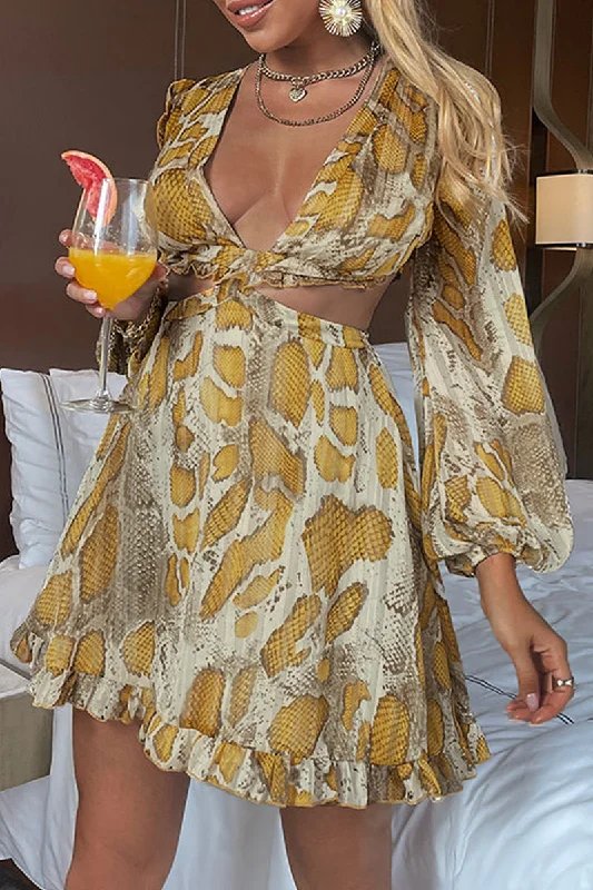 Sexy Vintage Geometric Print Backless Strap Design V Neck Printed Dresses
