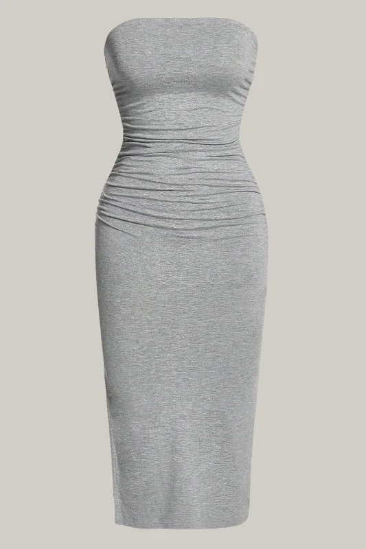 Solid Ruched Split Thigh Tube Dress