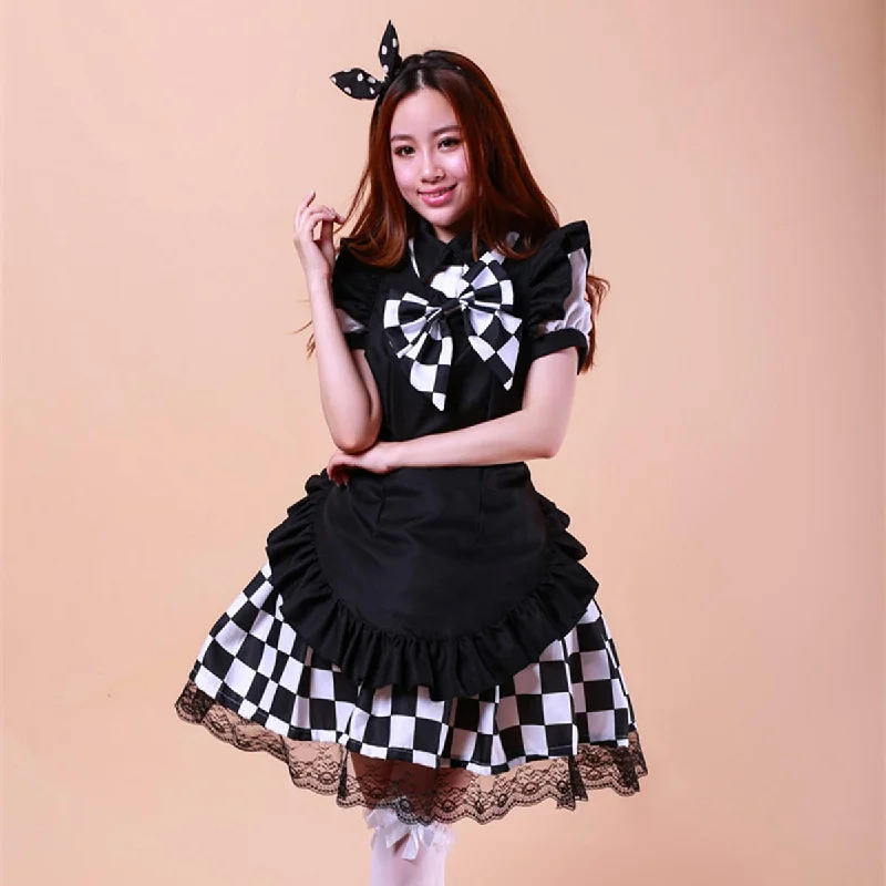 Sweet Lace Up Plaid Ruffle One Piece Maid Lolita Dresses