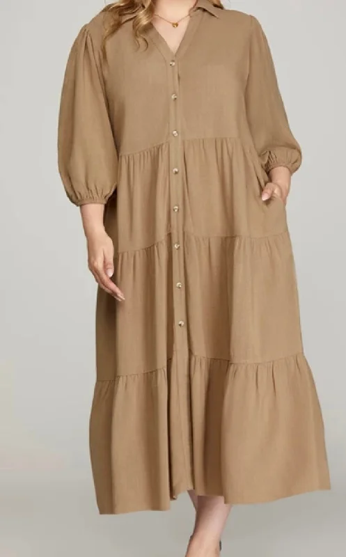 “Button Me Up” Plus Dress in Taupe