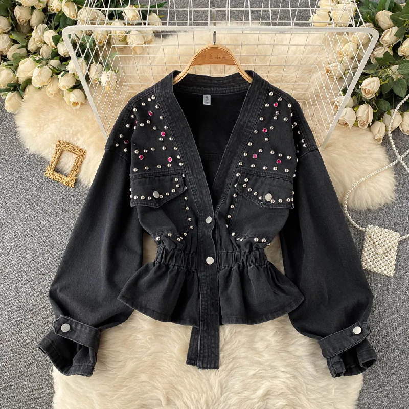 Denim jacket feminine V-neck  1513 Oversized Jacket Tailored Jacket Straight Jacket