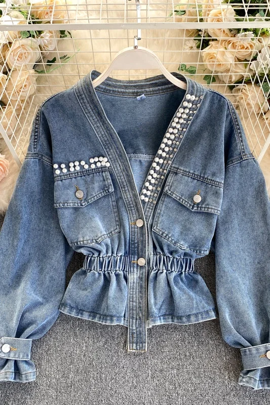 Denim Jacket Women's design sense heavy industry nail bead V-neck slim fit  1489