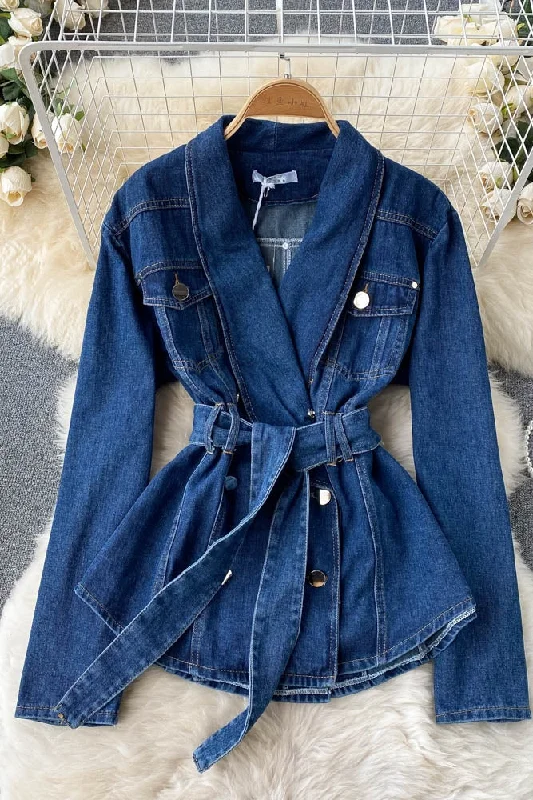 Denim Jacket Women's V-neck double breasted  1512 Bomber Jacket Anorak Windbreaker