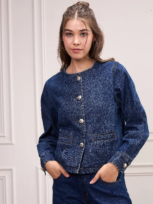 Women Blue Washed Denim Front Button Jacket