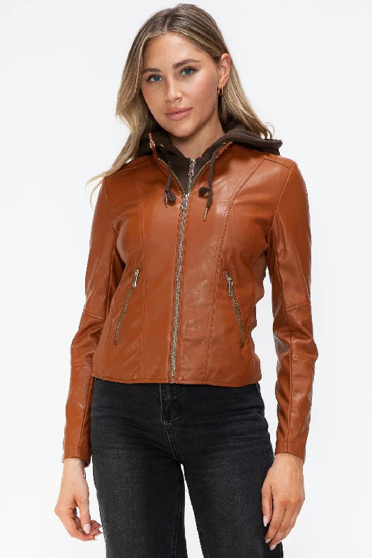 Snobbish Faux Leather Zip Up Drawstring Hooded Jacket In Camel