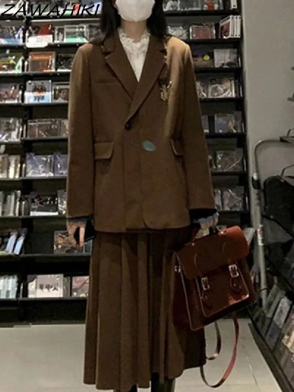 Vintage Brown Suit Coats Midi Skirt women Sets 90s Retro Blazer Turndown Collar Button-up Jackets Women Autumn Pleated Dress