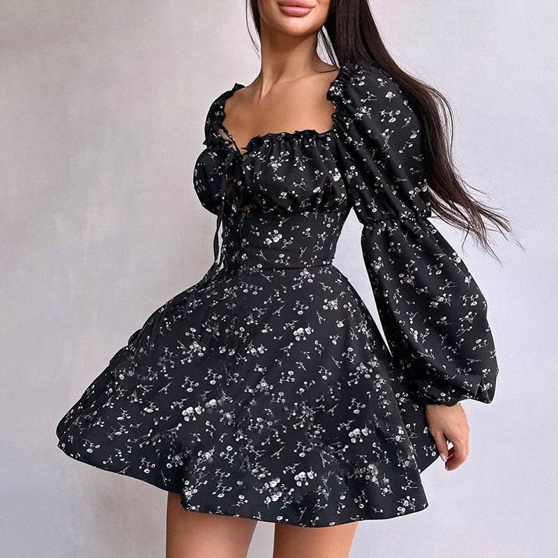 Amelia Floral Puff Sleeve Mini Dress Fashionable Party Mini Dress